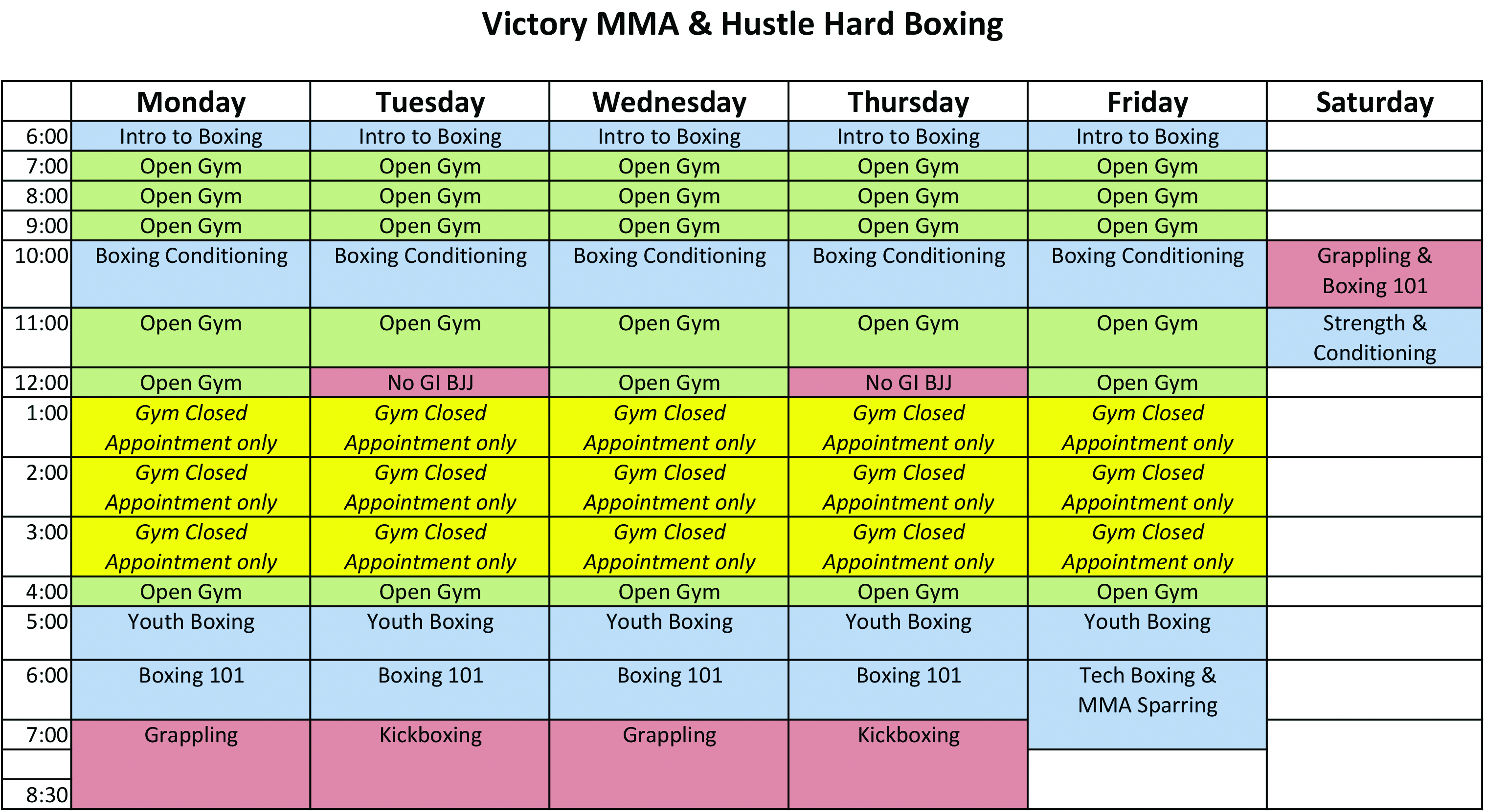 Victory Schedule 2017.xlsx - Victory MMA